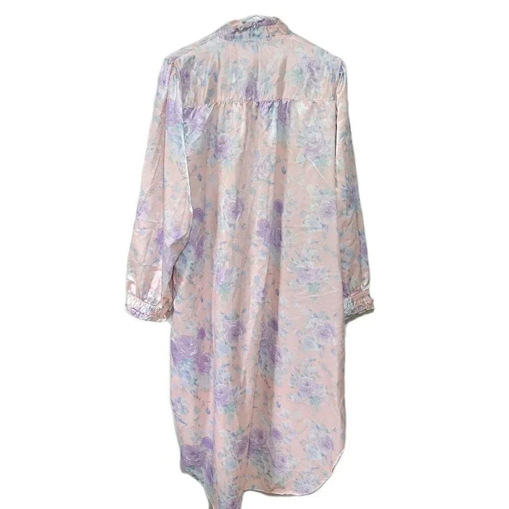 Vintage Satin Nightgown Large Pink Floral Pastels Maxi Stand Up Collar Ruffles